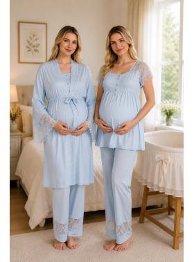 Dantelli Mavi Kısa Kollu Lohusa Hamile Pijama Takımı Sabahlık 33002